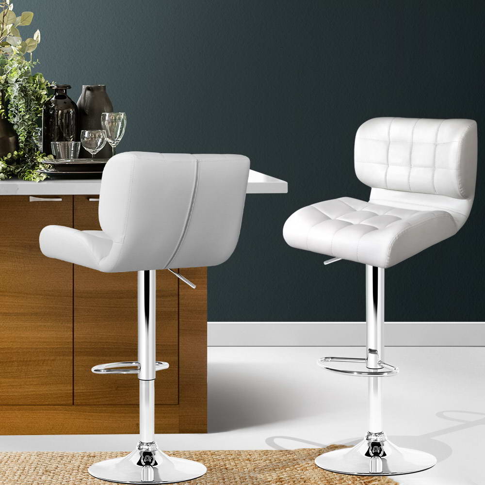 2x Bar Stools Gas Lift Leather Padded White by Artiss