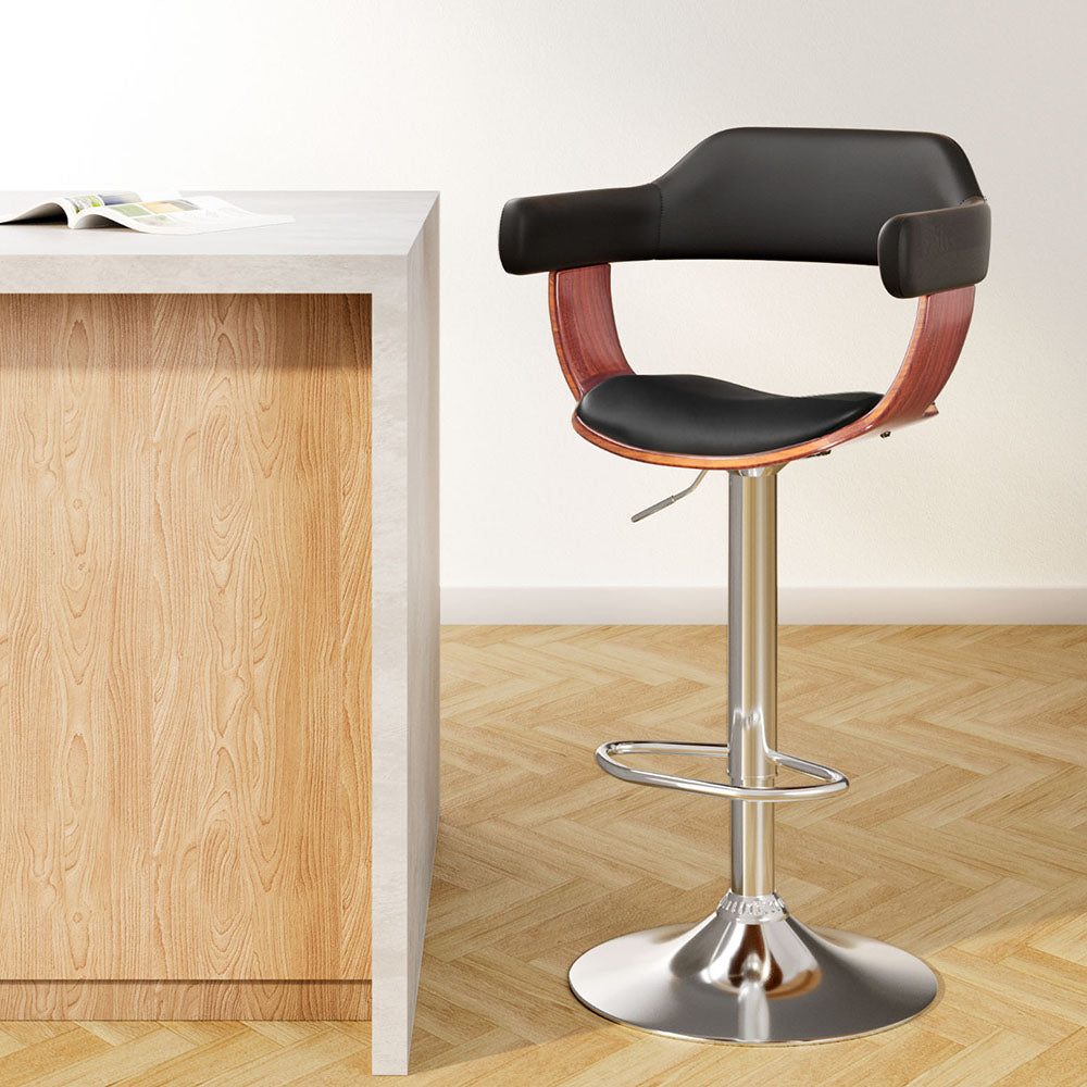 Bar Stools Gas Lift Leather w/Armrest Black by Artiss