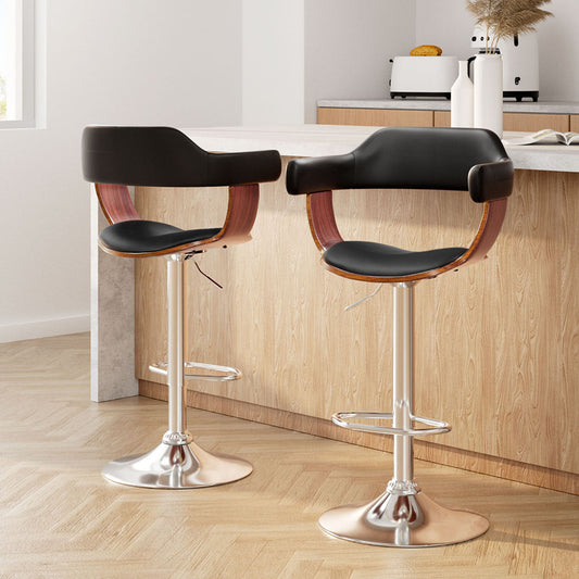 2x Bar Stools Gas Lift Leather w/Armrest Black By Artiss