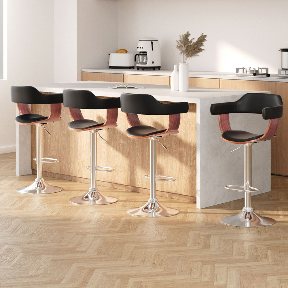 4x Bar Stools Gas Lift Leather w/Armrest Black by Artiss