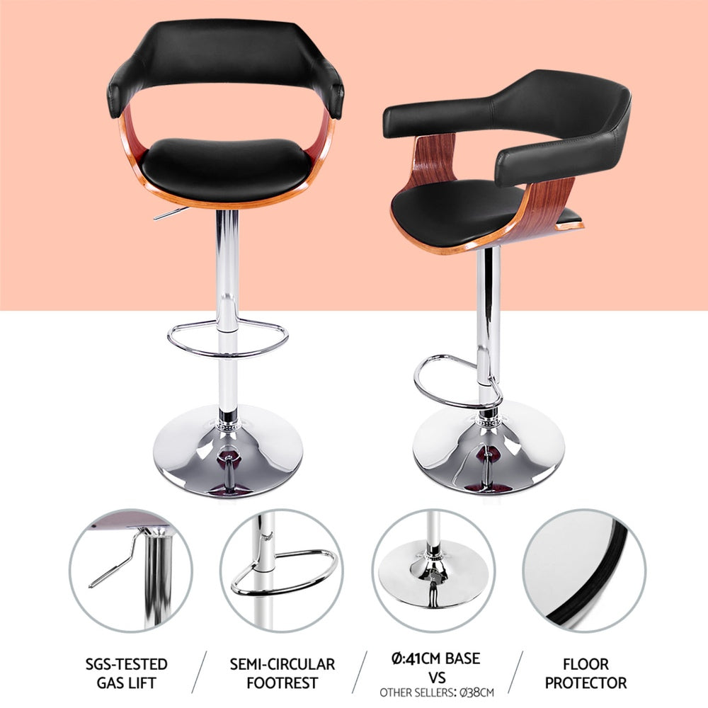 4x Bar Stools Gas Lift Leather w/Armrest Black by Artiss