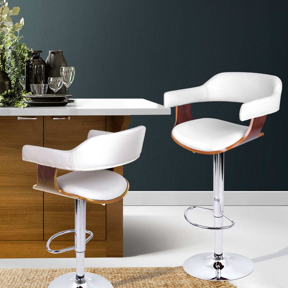 Bar Stools Gas Lift Leather w/Armrest White by Artiss
