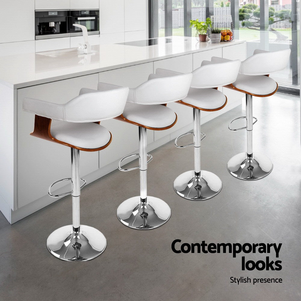 4x Bar Stools Gas Lift Leather with Armrest White by Artiss