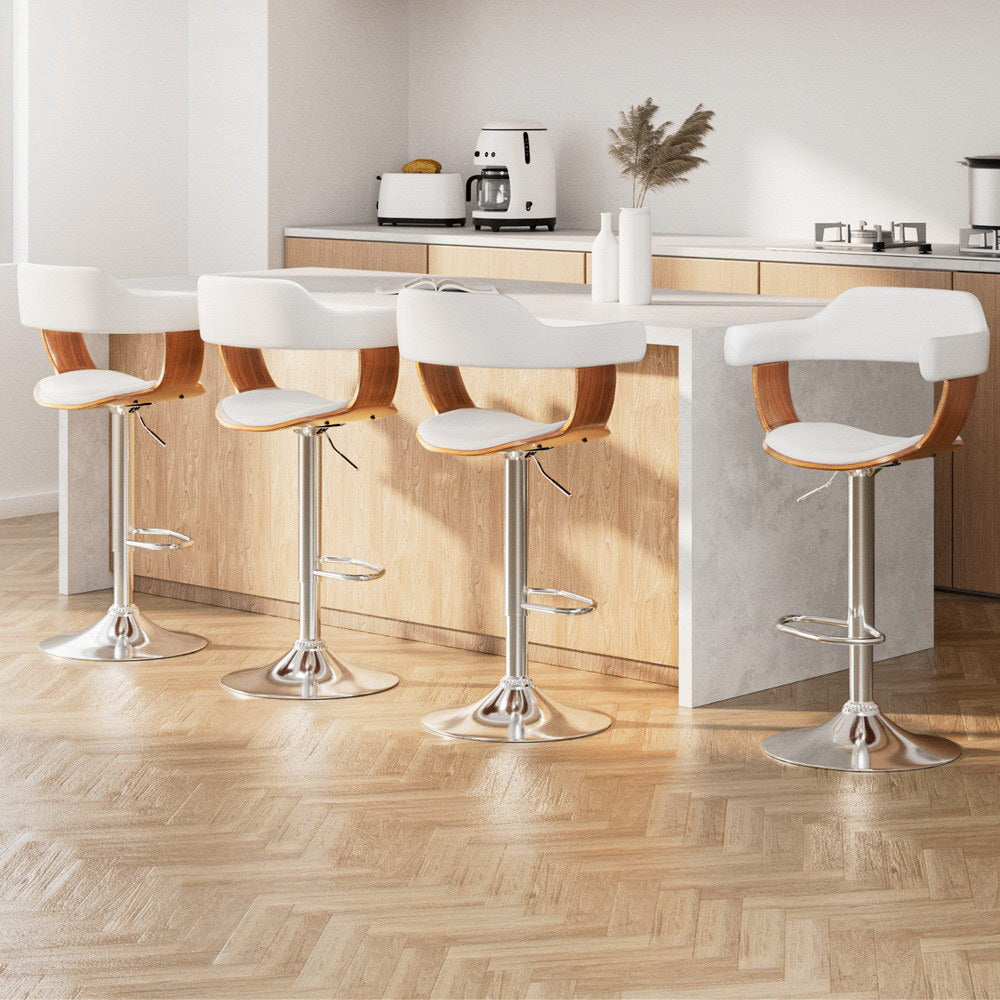 4x Bar Stools Gas Lift Leather with Armrest White by Artiss