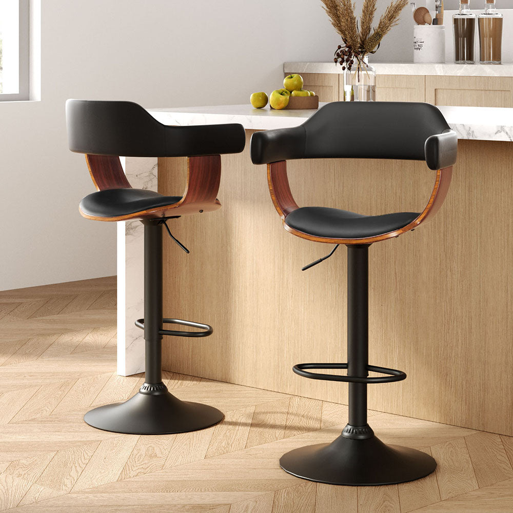 2x Bar Stools Gas Lift Leather w/Armrest All Black by Artiss