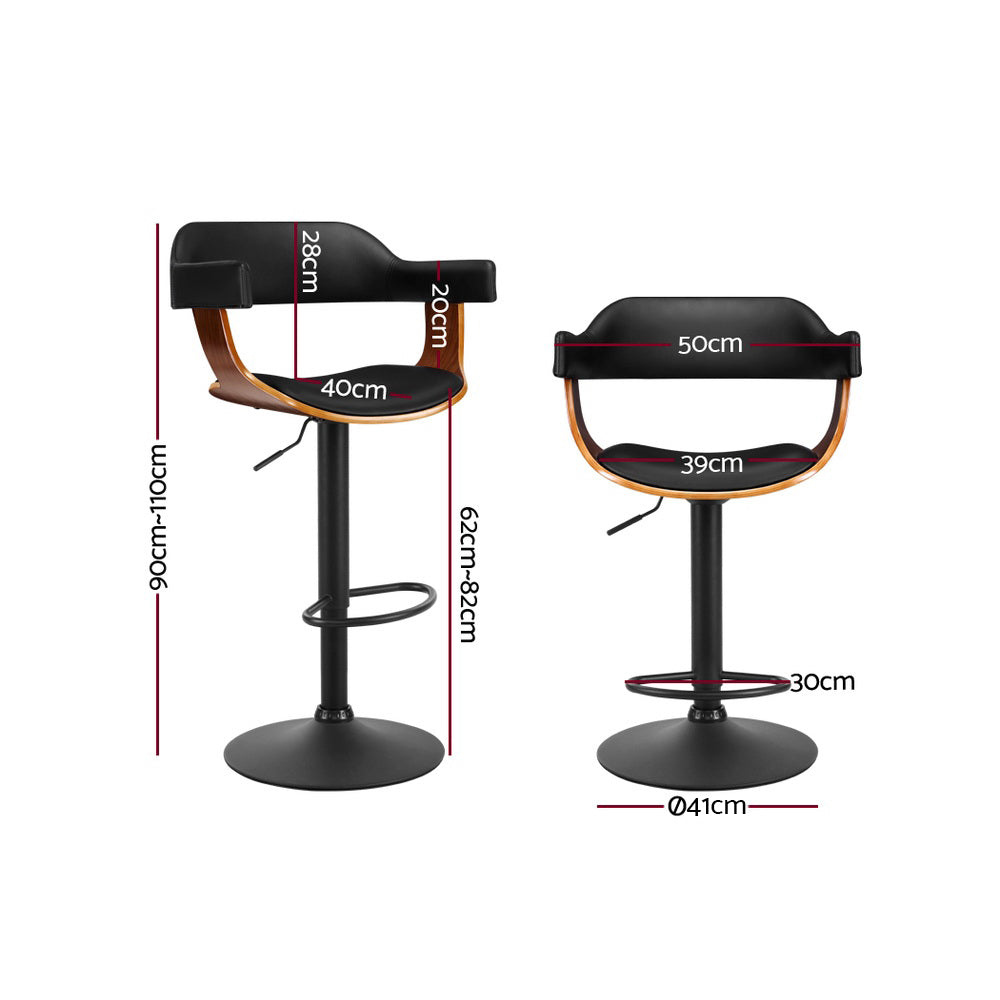 2x Bar Stools Gas Lift Leather w/Armrest All Black by Artiss