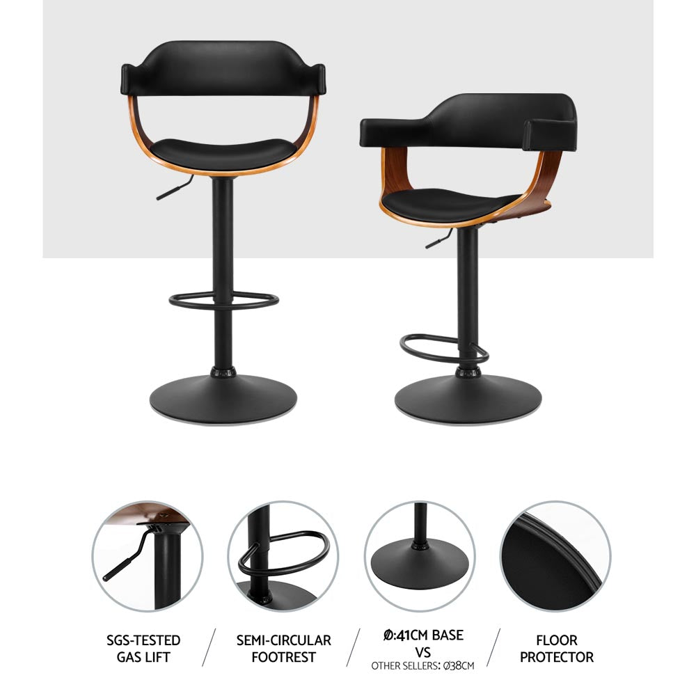 2x Bar Stools Gas Lift Leather w/Armrest All Black by Artiss