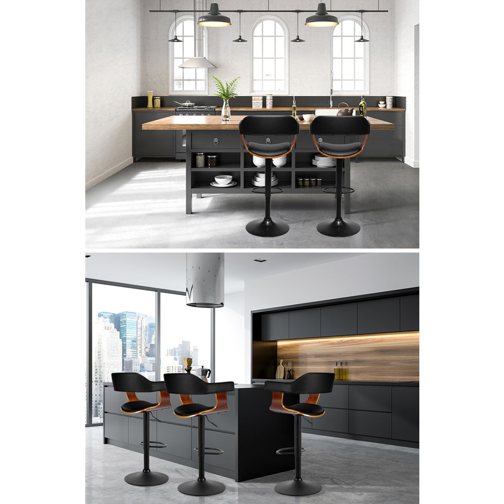 2x Bar Stools Gas Lift Leather w/Armrest All Black by Artiss