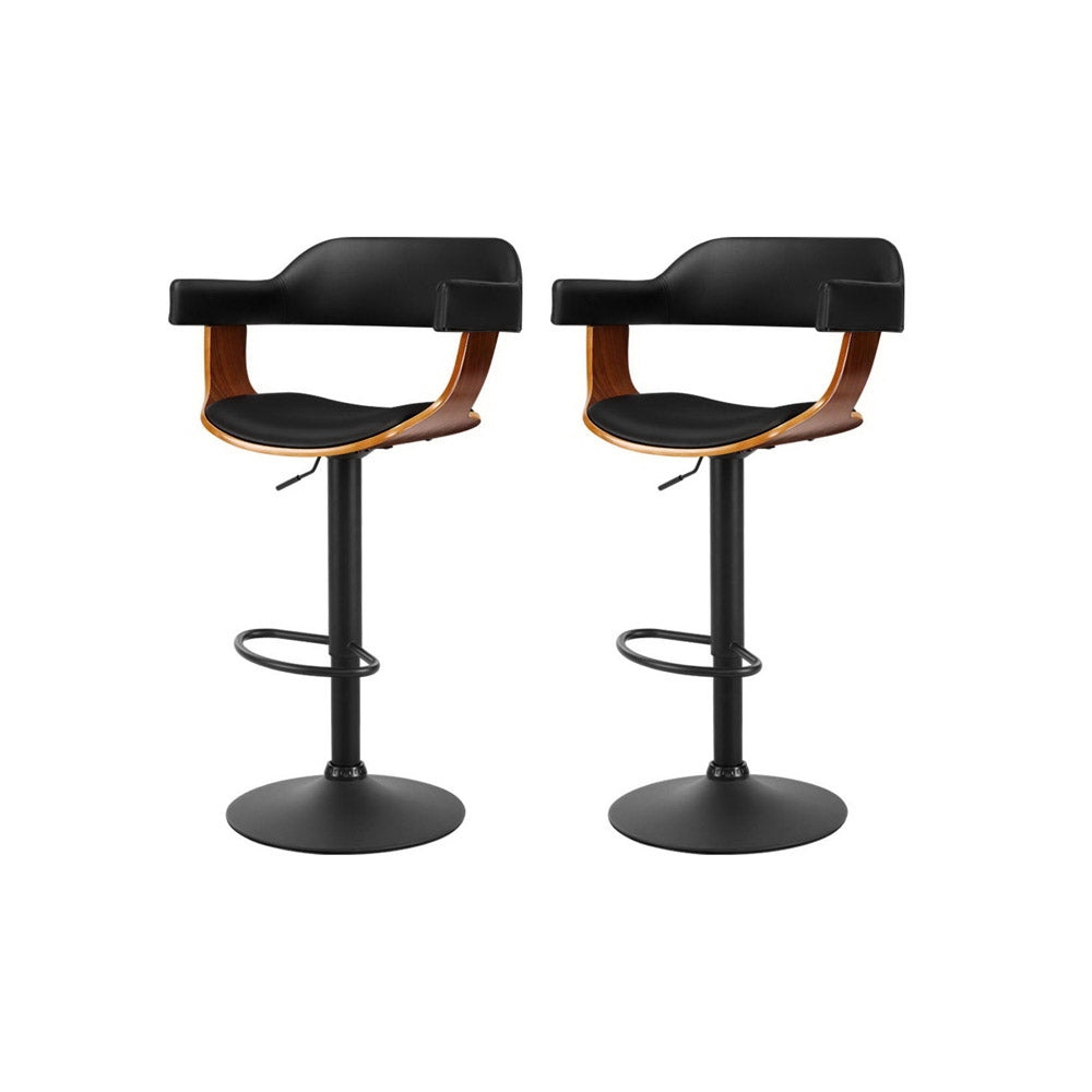 2x Bar Stools Gas Lift Leather w/Armrest All Black by Artiss