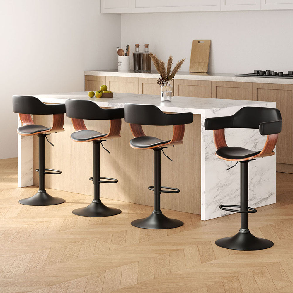 4x Bar Stools Gas Lift Leather w/Armrest All Black by by Artiss