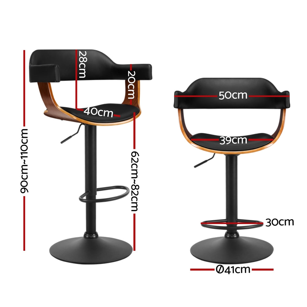 4x Bar Stools Gas Lift Leather w/Armrest All Black by by Artiss
