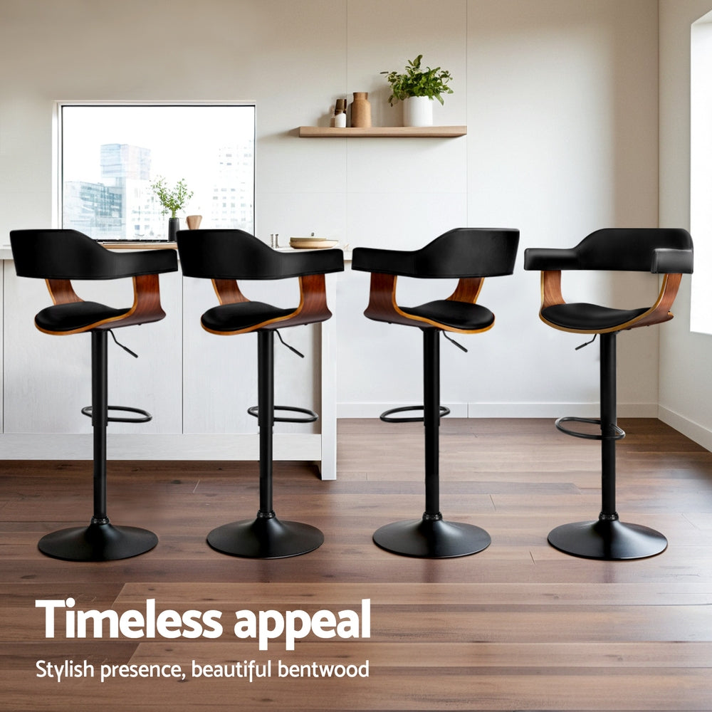 4x Bar Stools Gas Lift Leather w/Armrest All Black by by Artiss