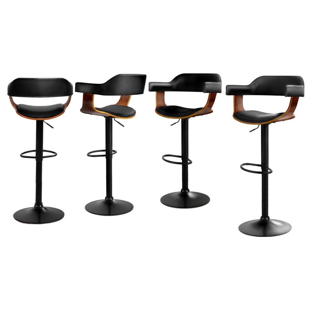 4x Bar Stools Gas Lift Leather w/Armrest All Black by by Artiss