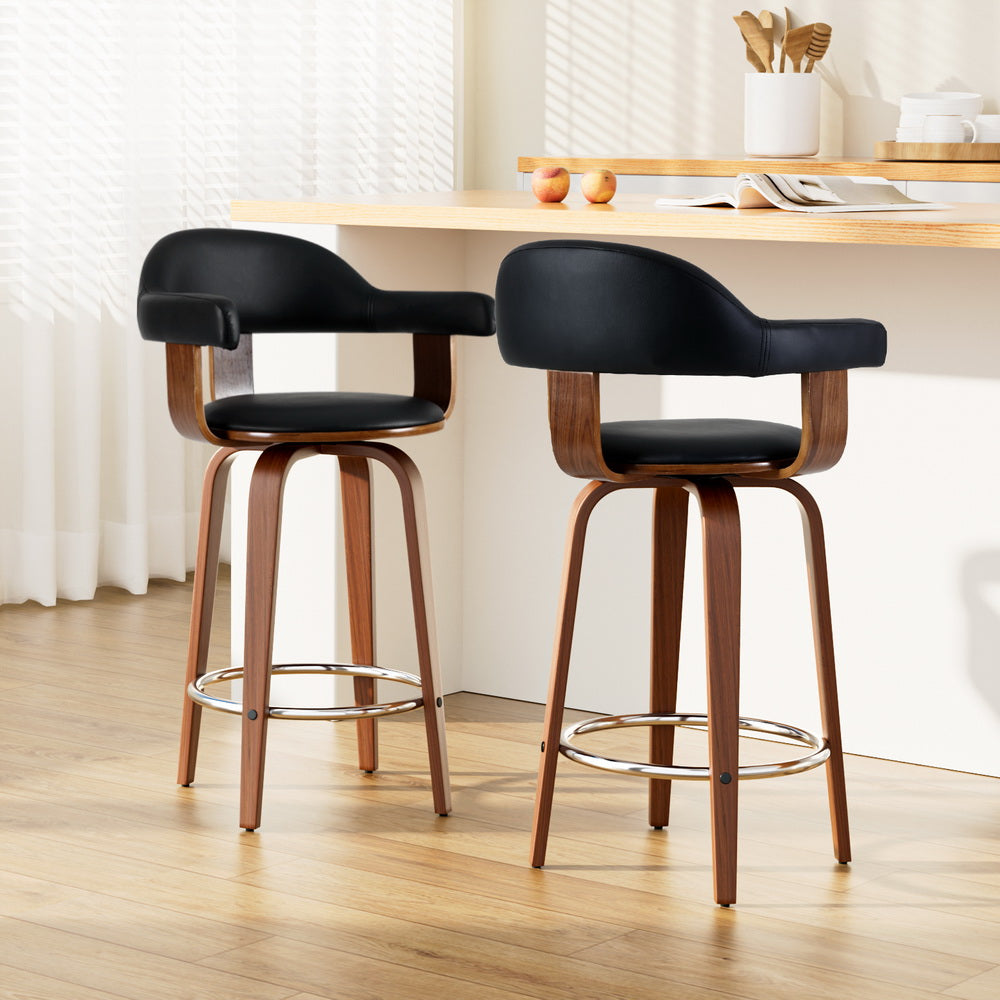 2x Bar Stools Leather Seat Wooden Legs By Artiss