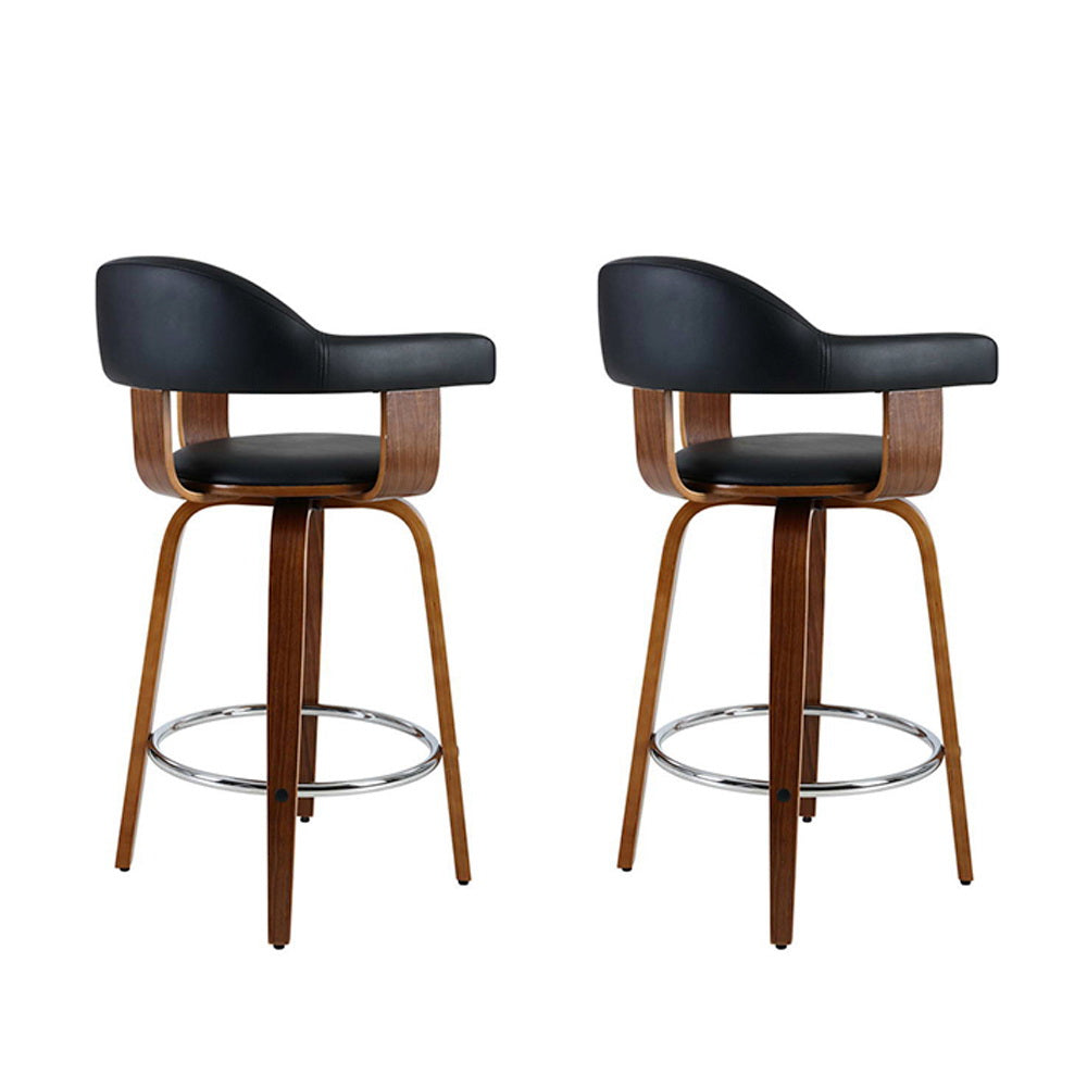 2x Bar Stools Leather Seat Wooden Legs By Artiss