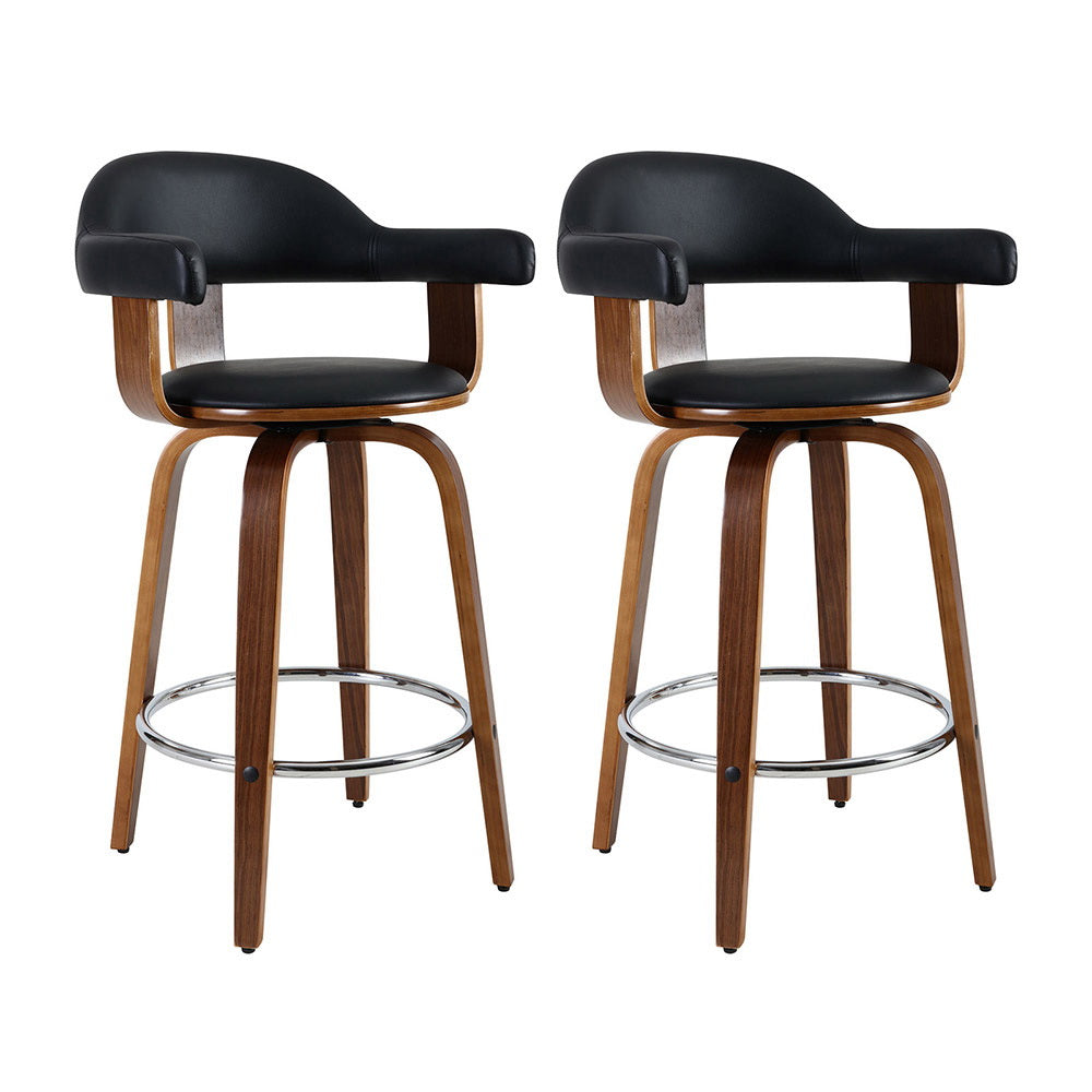 2x Bar Stools Leather Seat Wooden Legs By Artiss