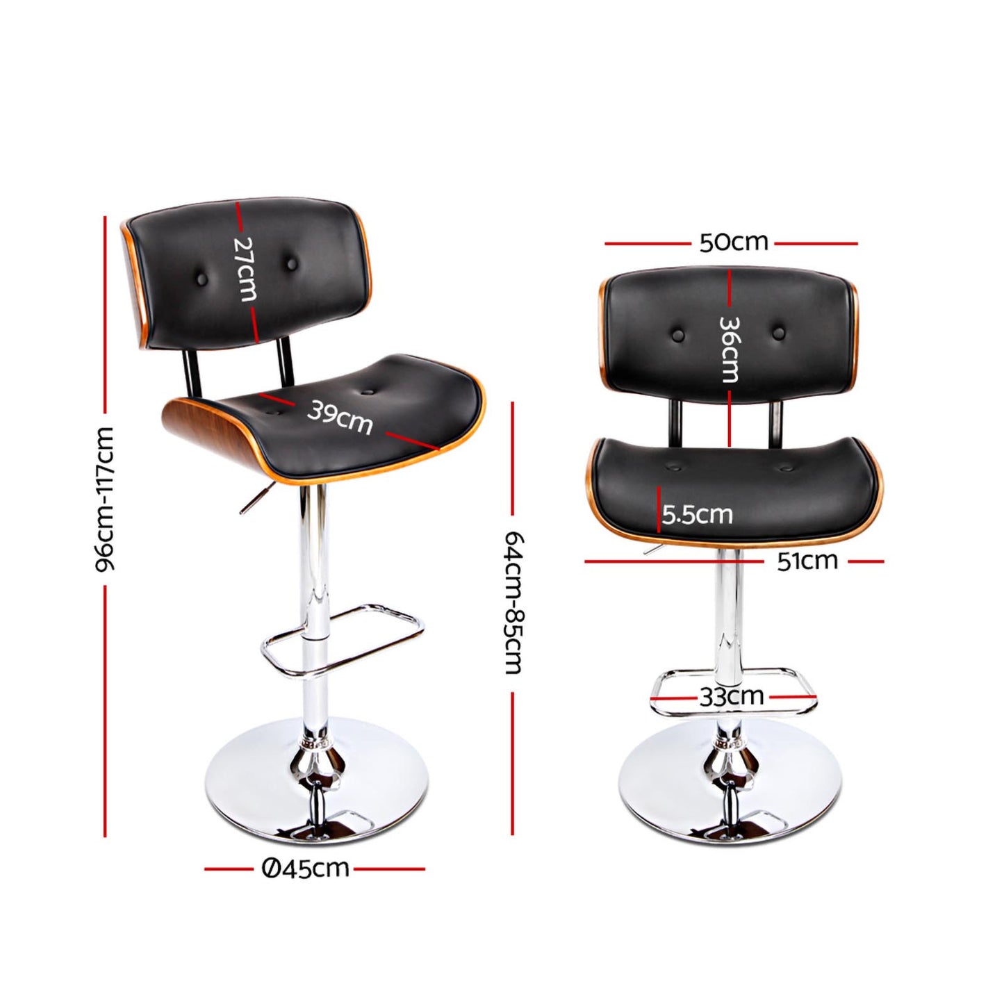Bar Stools Gas Lift Leather Black by Artiss