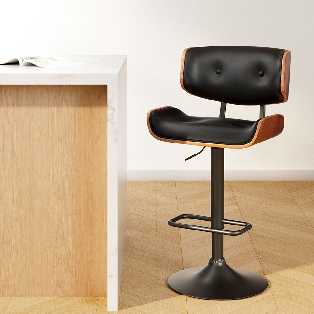 Bar Stools Gas Lift Leather All Black By Artiss