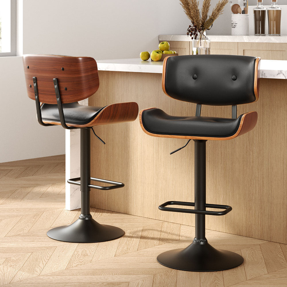 2x Bar Stools Gas Lift Leather All Black by Artiss