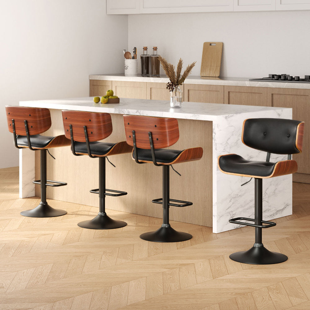 4x Bar Stools Gas Lift Leather All Black By Artiss