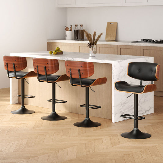 4x Bar Stools Gas Lift Leather All Black By Artiss