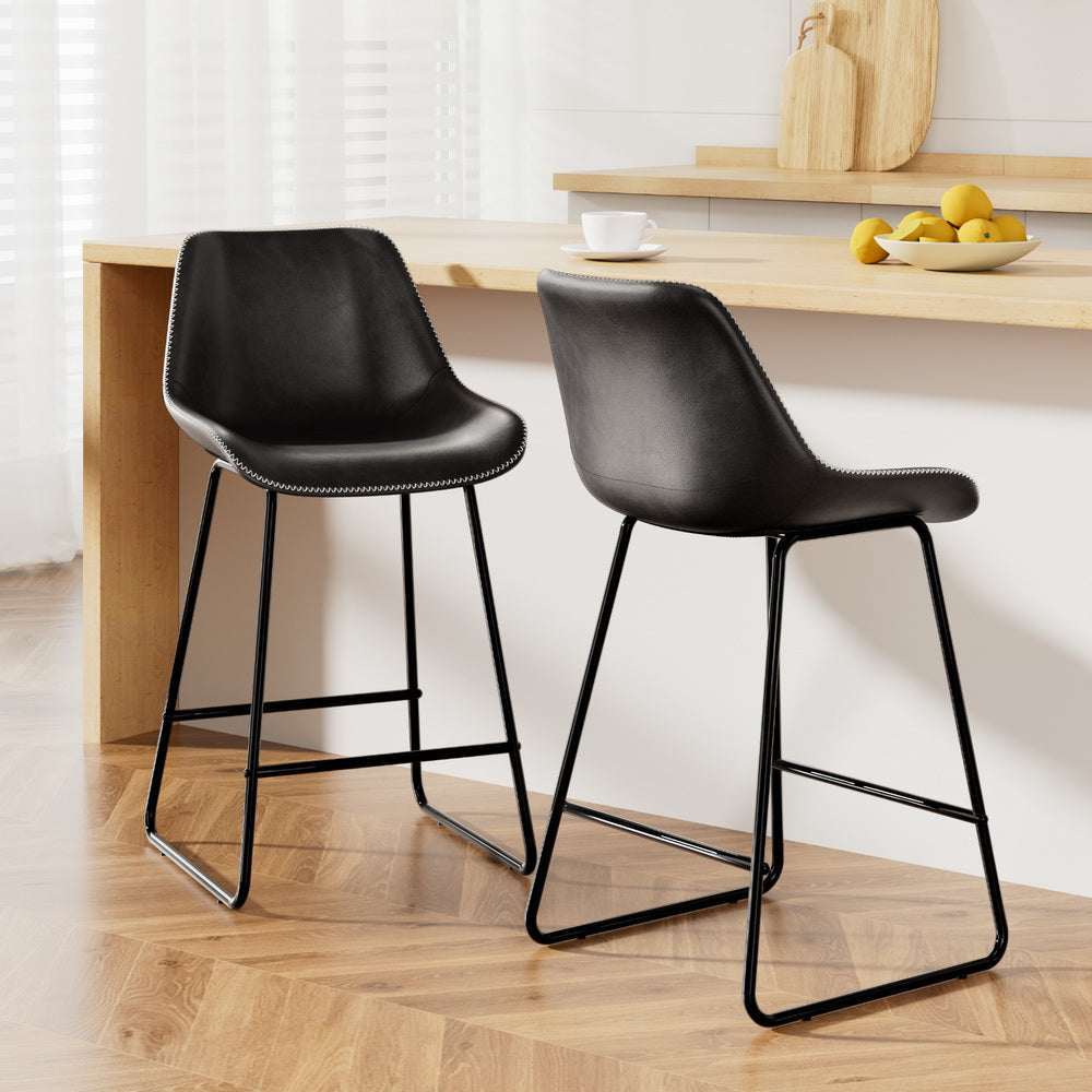 Bar Stools Kitchen Counter Barstools Leather Metal Chairs Black x2 By Artiss