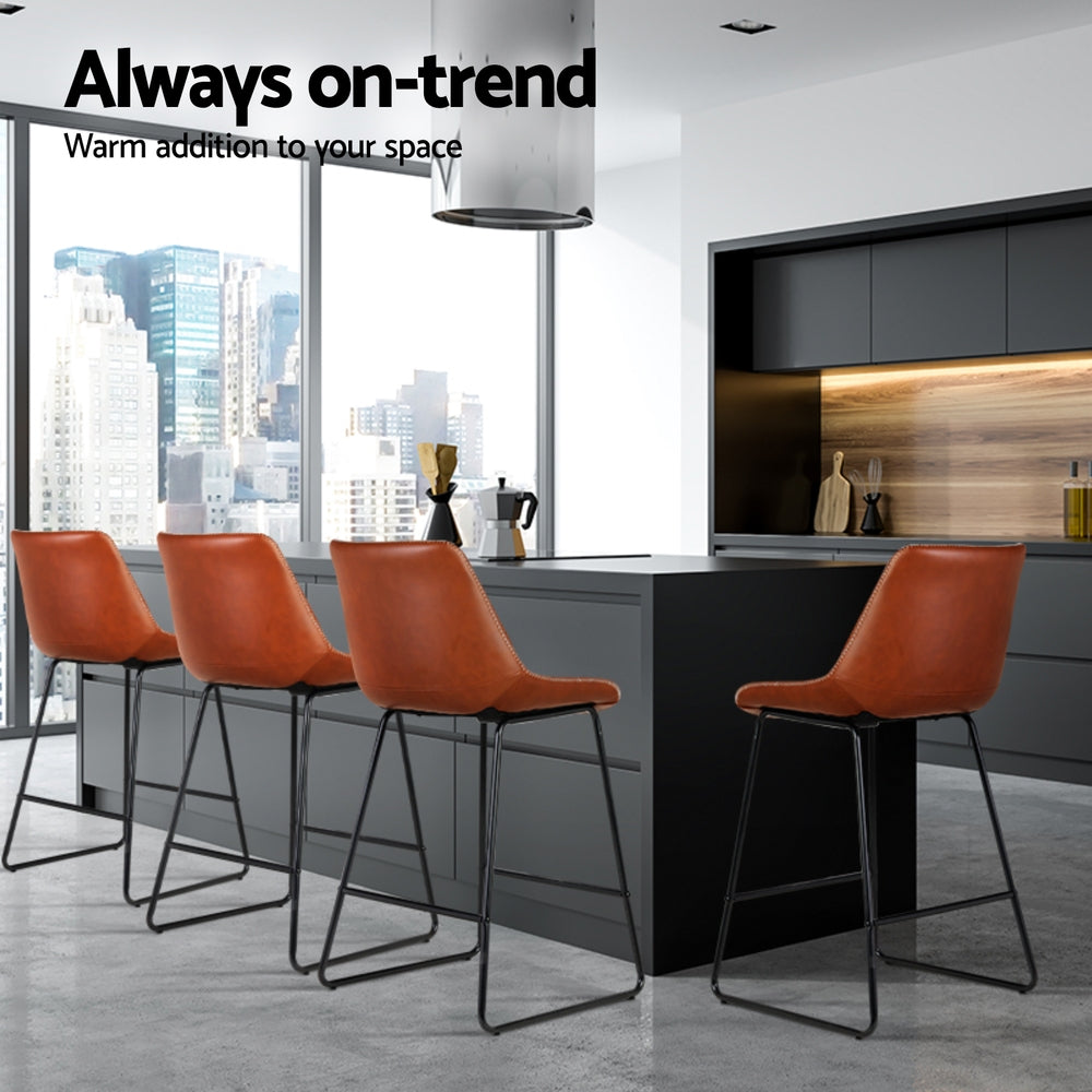 4x Bar Stools Leather Padded Metal Legs Brown by Artiss