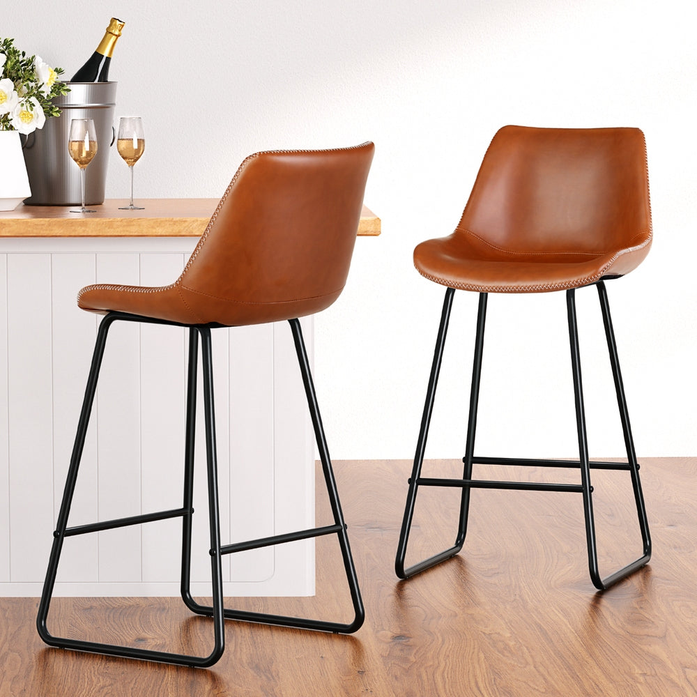 4x Bar Stools Leather Padded Metal Legs Brown by Artiss