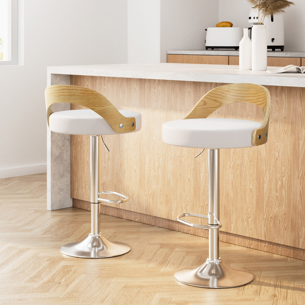 2x Bar Stools Adjustable Leather Padded White By Artiss