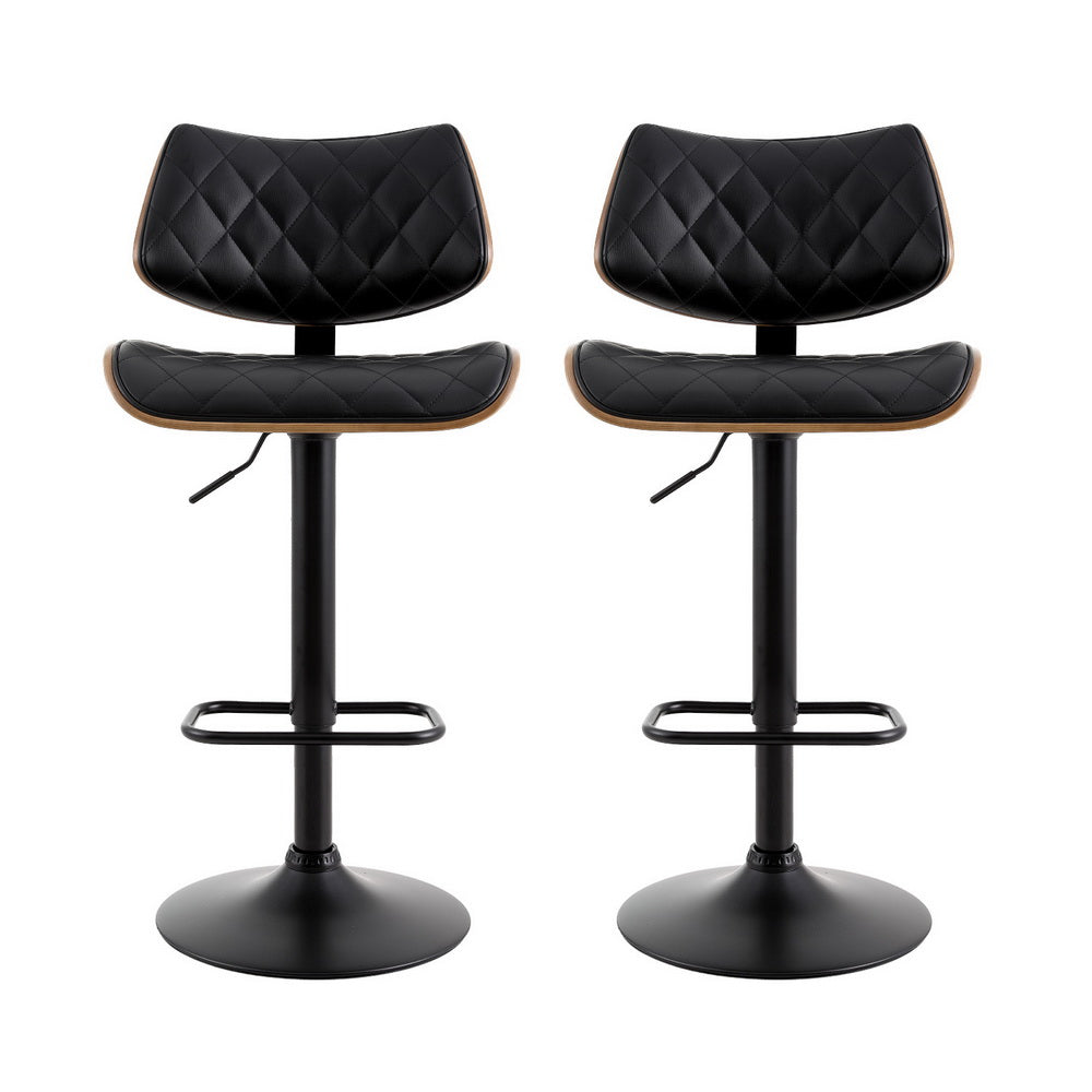 2x Bar Stools Kitchen Dining Chairs Gas Lift Stool Wooden Leather Black by Artiss