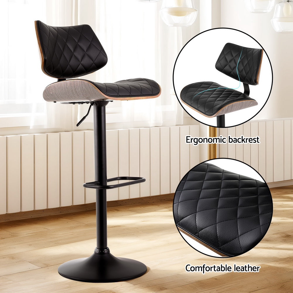 2x Bar Stools Kitchen Dining Chairs Gas Lift Stool Wooden Leather Black by Artiss