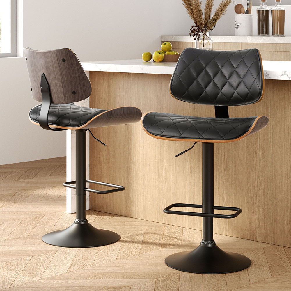 2x Bar Stools Kitchen Dining Chairs Gas Lift Stool Wooden Leather Black by Artiss