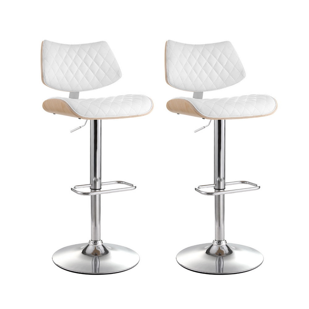 2x Bar Stools Kitchen Dining Chairs Gas Lift Stool Wooden Leather White by Artiss