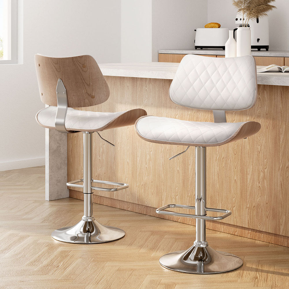 2x Bar Stools Kitchen Dining Chairs Gas Lift Stool Wooden Leather White by Artiss