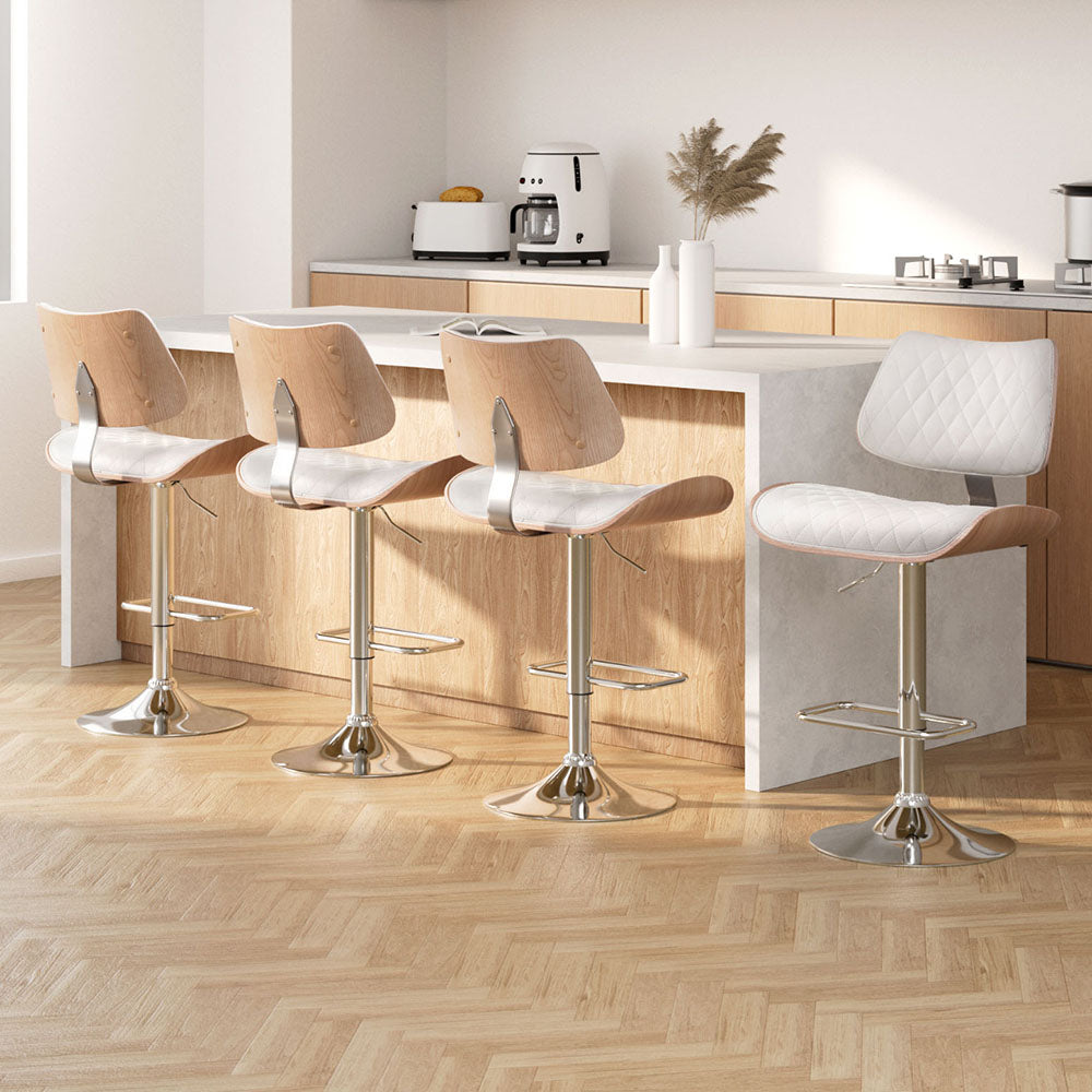 4x Bar Stools Kitchen Dining Chairs Gas Lift Stool Wooden Leather White by Artiss