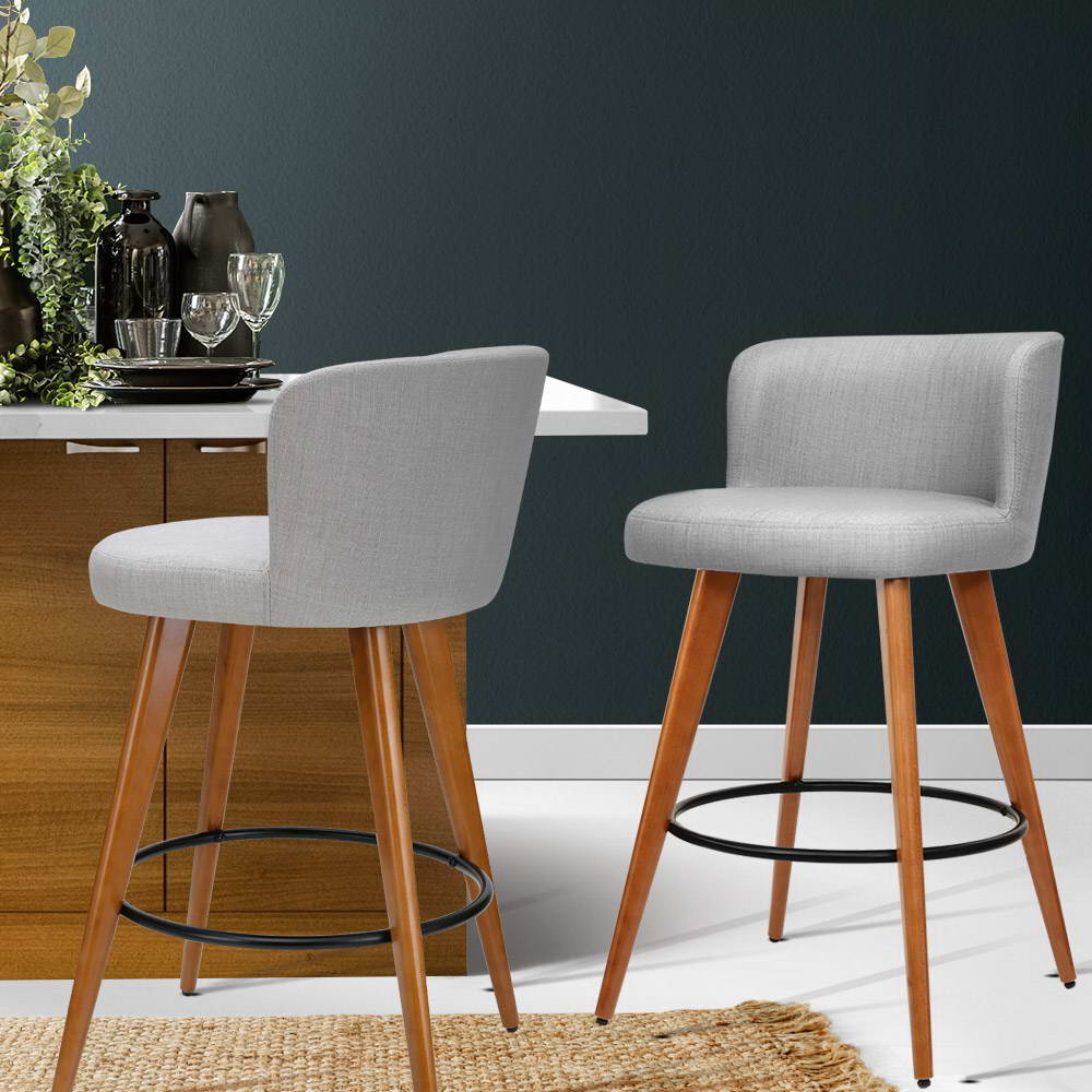 2x Bar Stools Linen Padded Wooden Grey By Artiss