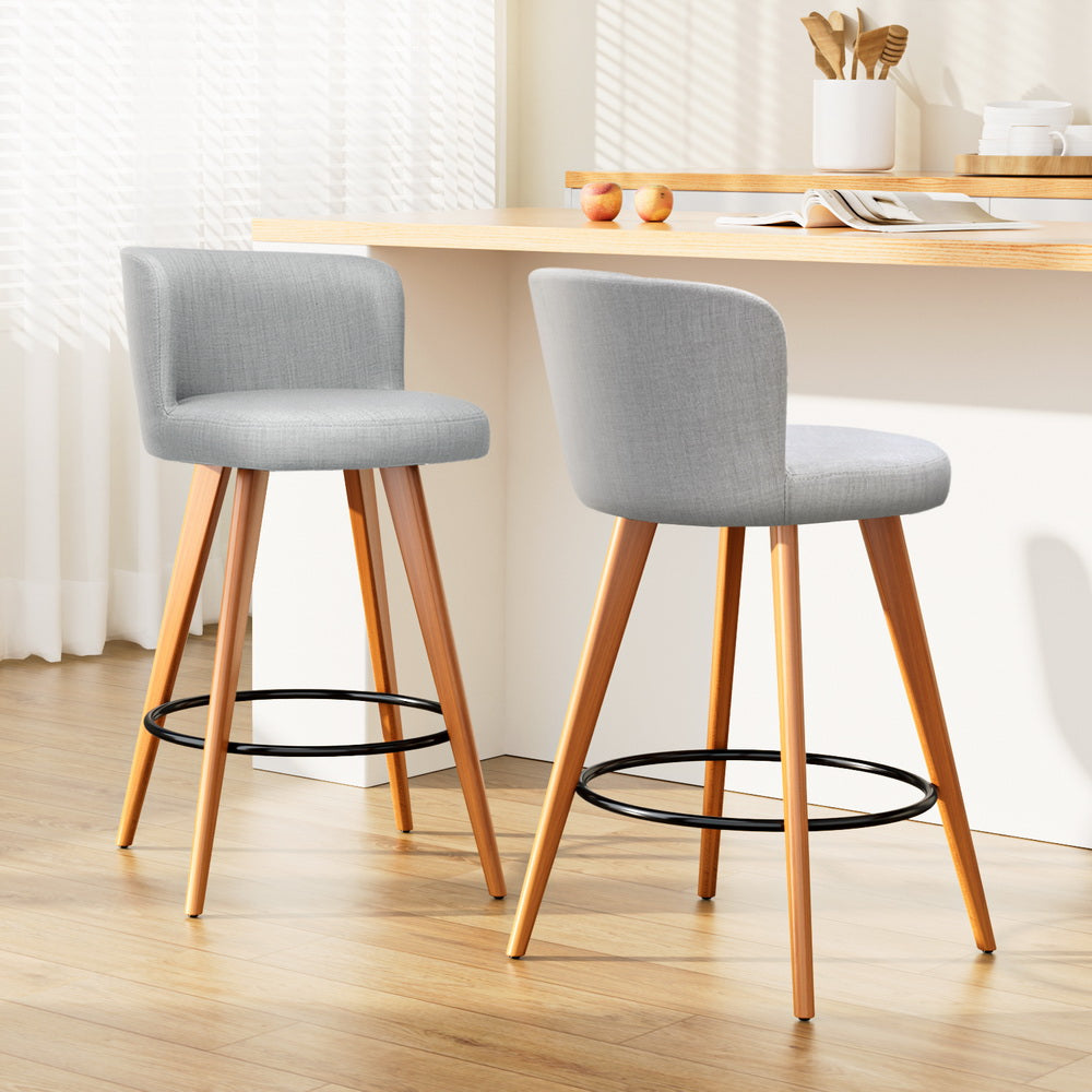2x Bar Stools Linen Padded Wooden Grey By Artiss