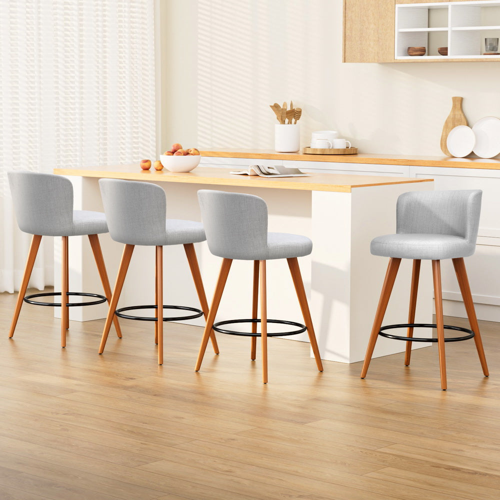 4x Bar Stools Linen Padded Wooden Grey By Artiss