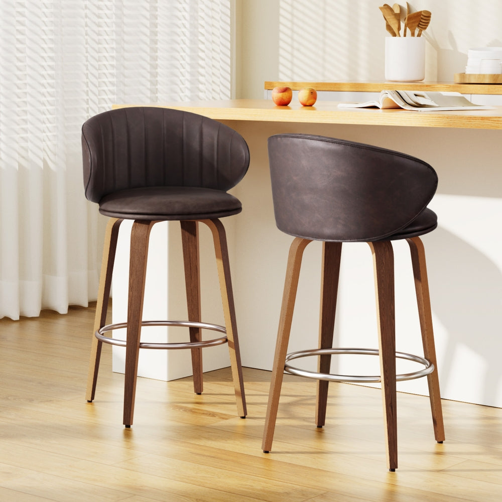 2x Bar Stools Dining Chairs Contoured Leather Wood Stool By Artiss