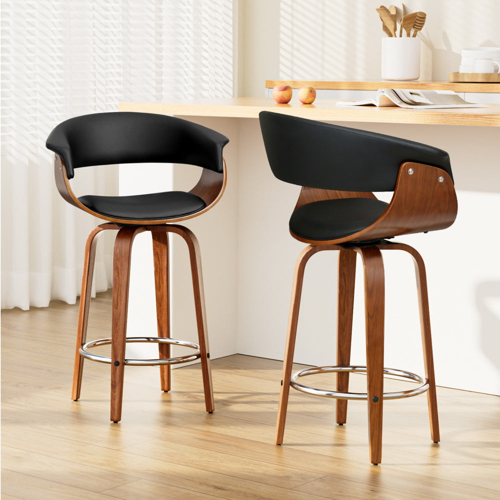 2x Bar Stools Swivel PU Seat Wooden By Artiss