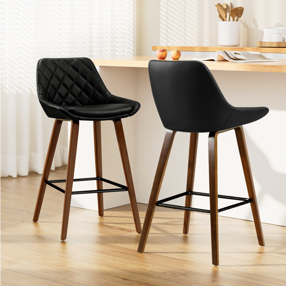 2x Bar Stools PU Seat Wooden By Artiss