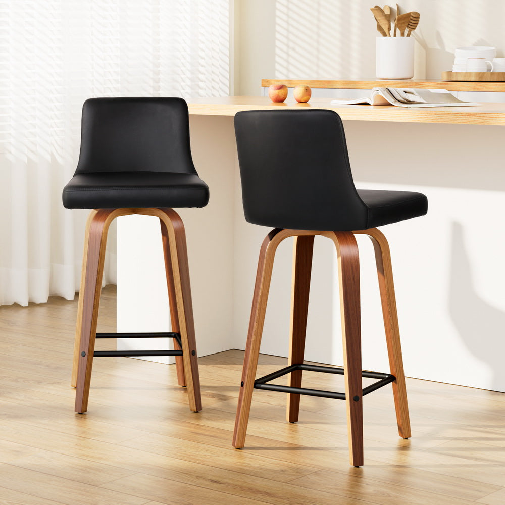 2x Bar Stools Swivel Leather Padded Wooden By Artiss