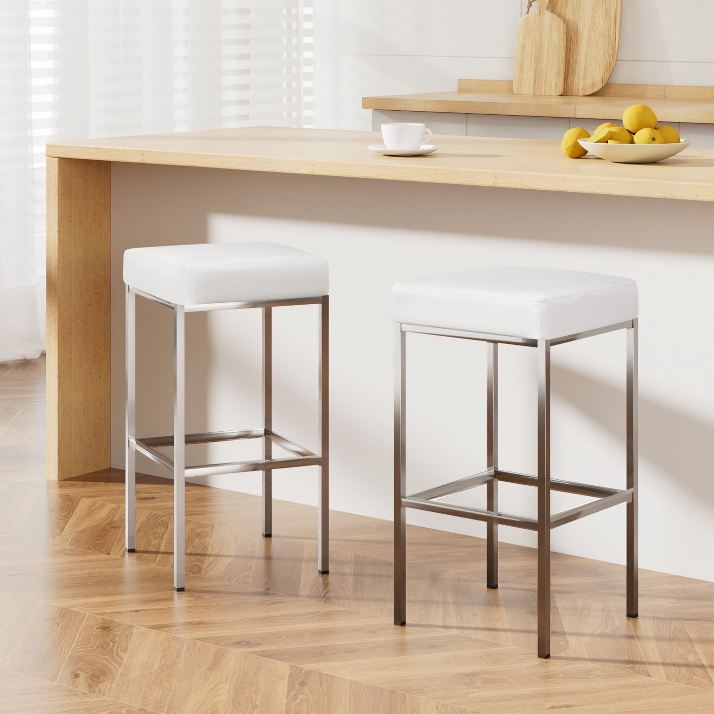 2x Bar Stools Leather Padded Metal White by Artiss