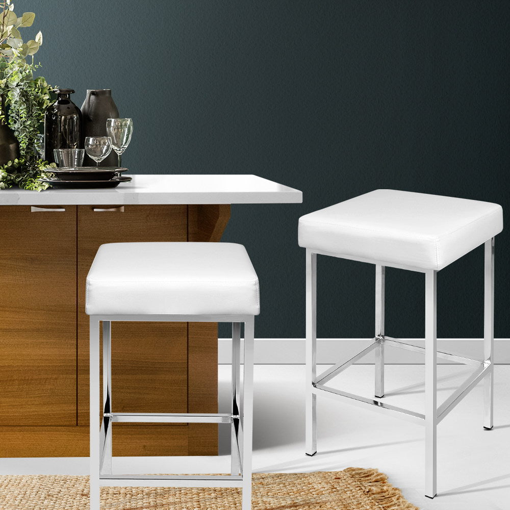 2x Bar Stools Leather Padded Metal White by Artiss