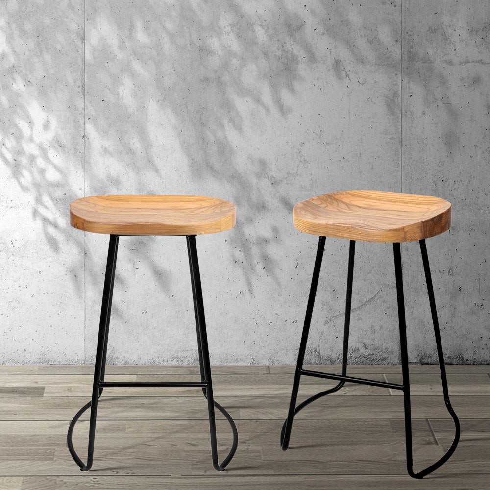 2x Bar Stools Tractor Seat 65cm Wooden By Artiss