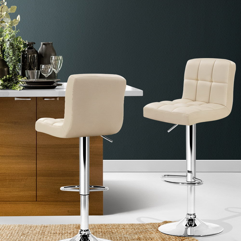 2x Bar Stools Leather Gas Lift Beige by Artiss