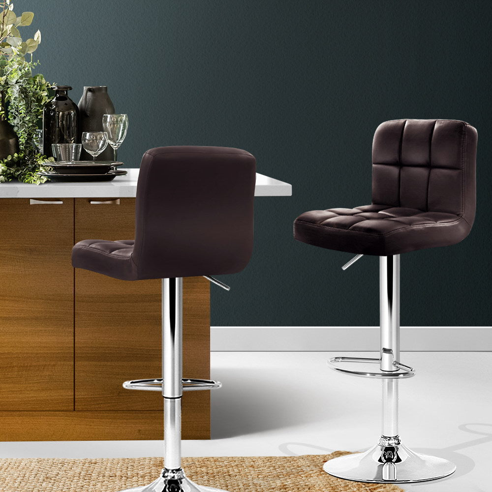 2x Bar Stools Leather Gas Lift Brown by Artiss