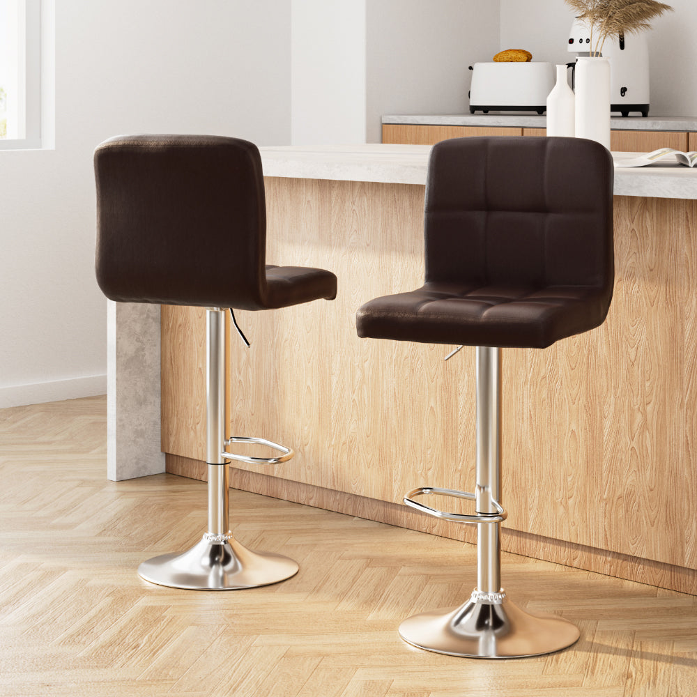 2x Bar Stools Leather Gas Lift Brown by Artiss