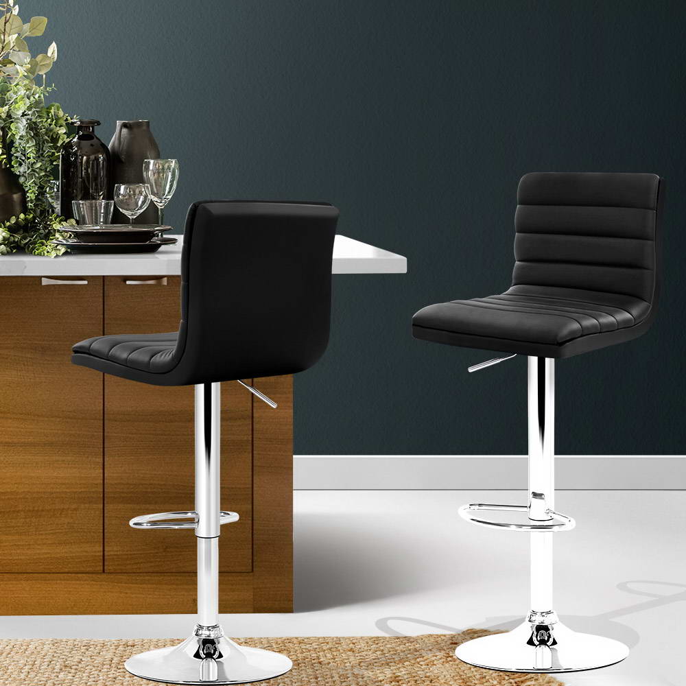 2x Bar Stools Padded Leather Gas Lift Black By Artiss