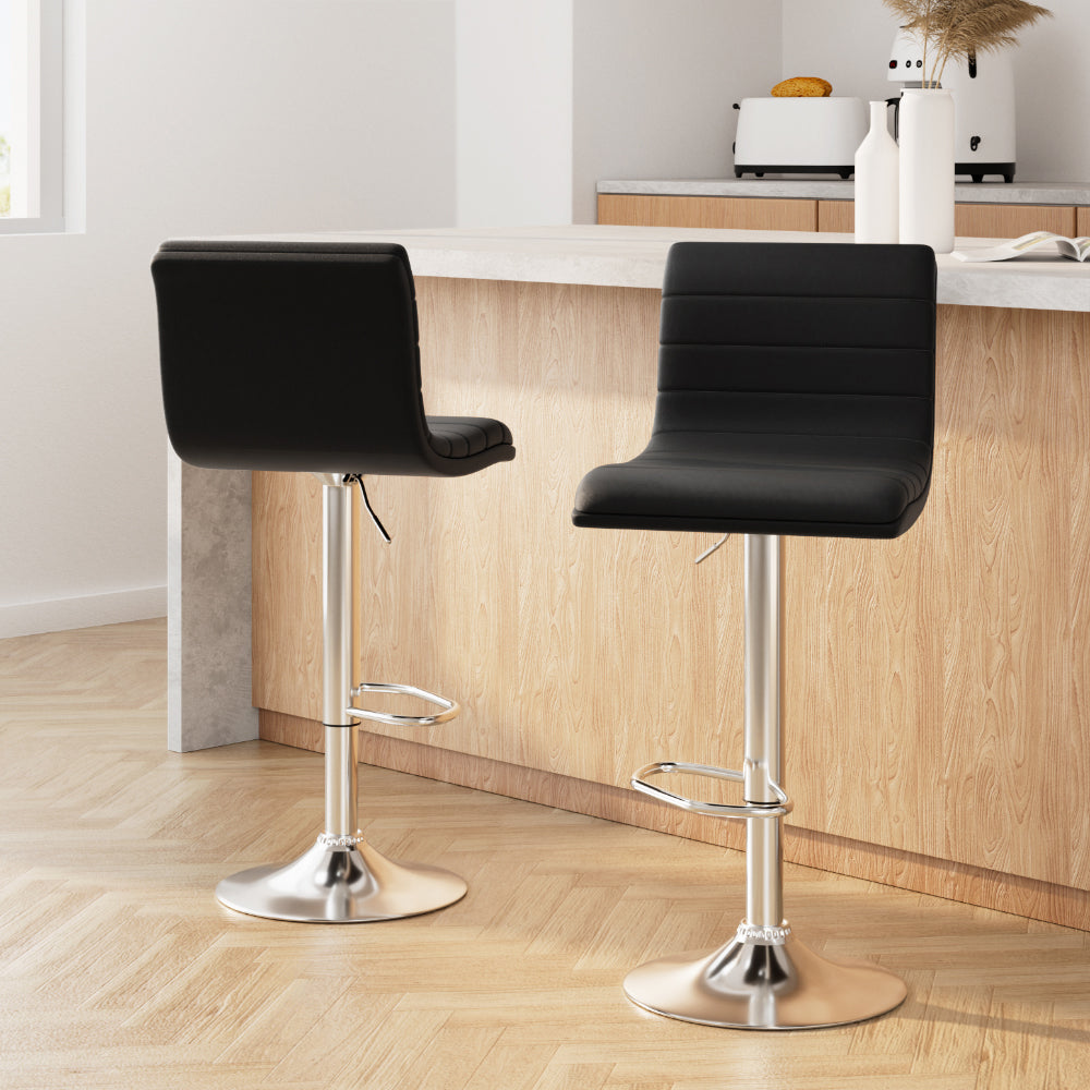 2x Bar Stools Padded Leather Gas Lift Black By Artiss